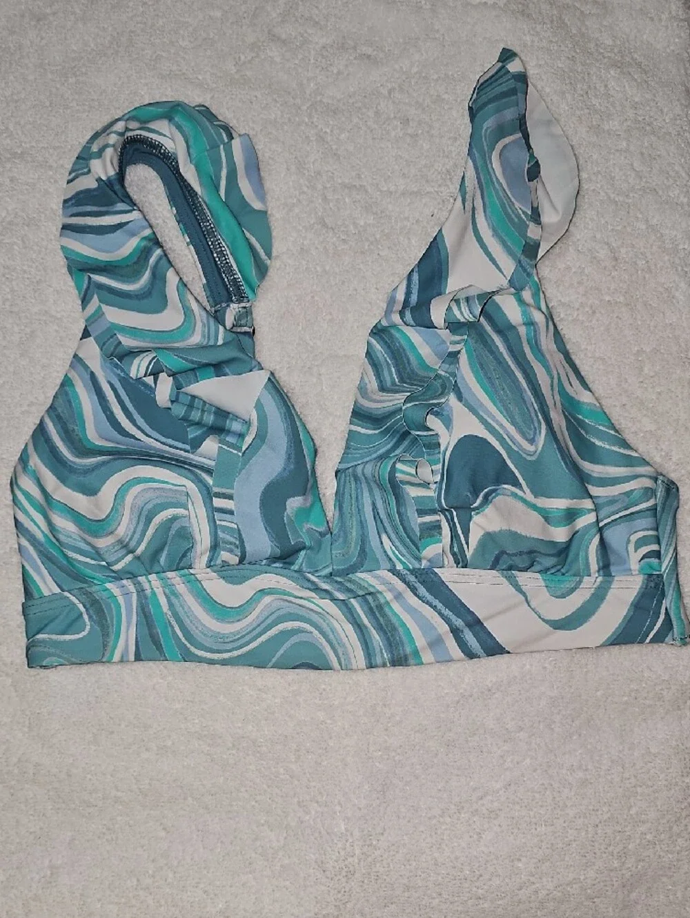 Blue Teal Marble-Print Ruffle Halter Bikini